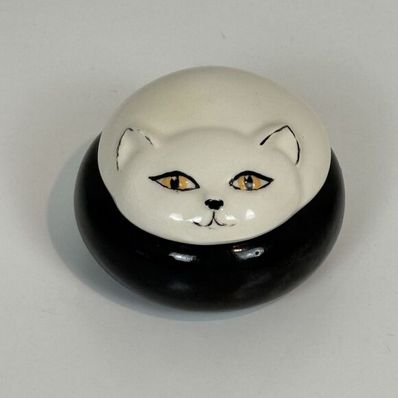 Vintage Black & White Cat Lidded Porcelain Trinket Dish - Picture 1 of 8